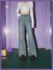 Retro-wear Novo Estilo Americano Retro Micro-boca Calça Jeans Cintura Alta Emagrecedora Lavagem à Água Azul Bolso Calça com Strass Quente para Mulheres