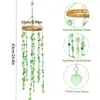 Decoração pendente apanhador de sol de jardim transfronteiriço, sino de vento cristalino verde fresco, decoração de folha e galho de madeira para pátio