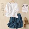 Conjunto de Camiseta de Manga Curta de Algodão e Linho para Mulheres Plus Size Moda Verão Fashion Elegante Algodão e Linho Shorts Retrô Conjunto de Duas Peças