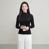 Novedad de Primavera y Otoño Blusas plisadas para mujer, Ajuste ceñido, Cuello redondo, Manga larga, Camisas básicas blancas, Estilo coreano, Estilo suave, Ropa para mujer al por mayor