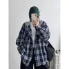 Camisa a Cuadros con Capucha Estilo Retro Coreano para Mujer, Chaqueta Camisa Holgada Estilo Perezoso para Primavera y Otoño Tallas Grandes