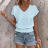 Primavera e Verão 2025 temu Transfronteiriço Novo Europeu e Americano Decote V Jacquard Vazado Manga Curta Camiseta Moda Casual Top para Mulheres