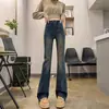 90503 Novas calças de maternidade de outono, estilo flare, elástico, com fecho de botão tipo nariz de porco, jeans, sem suporte para a barriga, calças de mamãe da moda