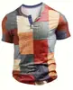 Camiseta retro de botão com meia-malha transpassada transfronteiriça, top pullover Henley casual de manga curta com estampa 3D slim fit para homens