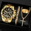 Conjunto de 4 Peças de Relógio Masculino Transfronteiriço High-End Mostrador Grande Relógio de Pulso a Quartzo Masculino de Negócios Conjunto de Anel Pulseira Colar