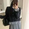 Jaqueta Cardigan de Tricô com Renda e Bolinhas Doces Moda Coreana Outono e Inverno Novo Estilo Estilo Gentil Suéter Macio e Aconchegante para Mulheres