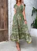 Vestido Largo de Algodón de Color Sólido con Cuello Redondo y Manga Corta, Estilo Vacacional Popular Transfronterizo 2024, Estilo Elegante de Primavera y Verano