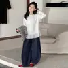 Conjunto de Primavera y Otoño para Niñas Estilo 2026 Casual Niña Estilo Coreano Niños Medianos y Grandes Chaleco Suéter Rayado Ropa Interior Jeans