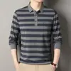 Camiseta de Manga Larga para Hombre Primavera y Otoño Nueva Casual Cuello de Solapa Hombres de Mediana Edad Raya Ancha Manga Larga Camisa Base Polo Hombre