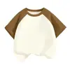 Camiseta Raglán de Manga Corta para Niños 210g Algodón Peinado Versión Lisa Manga de Cuerno Bloque de Color Top Liso