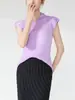 Camiseta de Manga Corta Plegada a Mano para Mujer Miyake Diseño de Nicho Verano Nuevo Cuello Semiabierto Top de Plisado de Alta Gama