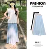 Pantalones Falda de Seda Azul Hielo para Mujer, Estilo Delgado de Verano, Falda Plisada A-Line Petite, Pantalones Casuales de Pierna Ancha Yamamoto de Cintura Alta