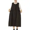 Vestido Chaleco de Algodón y Lino con Rayas Verticales Florales Retro Nuevo Otoño e Invierno 2025 para Mujer, Holgado y Versátil, Casual, con Capas, Falda Larga