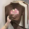 Camiseta infantil estilosa de fleece dupla face, gola alta discreta, top casual de manga longa, blusa de base escovada para outono e inverno infantil, novo estilo