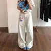 Jeans Rectos Bordados de Gatito Blanco para Mujer, Pantalones de Pierna Ancha Finos de Verano, Cintura Alta, Caídos, Pantalones Largos