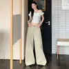 Calça Feminina Casual Retrô Americana Estilo Preguiçoso Cintura Elástica Perna Larga Corte Reto Caimento Solto Fina Confortável Comprimento Total