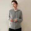 Novo Cardigã 100% Caxemira Pura Outono/Inverno para Mulheres, Moletom Elegante com Capuz e Zíper de Cor Sólida, Casaco de Tricô