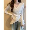 Camiseta de Fondo Estilo Tweed con Cuello en V y Ribete de Canalé para Mujer Primavera, Otoño e Invierno Nueva Holgada Talla Grande Sexy Top para Mujer