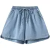 Foto Real de Shorts Jeans Retos Emagrecedores de Seda Gelada para Mulheres Plus Size, Shorts Jeans Largos Finos de Cintura Alta para o Verão, Tencel