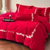 [Boda Feliz] Algodón Puro Bordado Boda Juego de Cuatro Piezas Funda de Edredón de Boda Sábanas Cama Rojo Grande Ropa de Cama para Boda