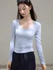 Algodão penteado 40 fios, etiqueta na gola, camiseta de manga longa com decote U grande estilo francês que valoriza o corpo para mulheres, nova blusa de outono, peça básica