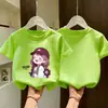 Camiseta de Algodão Puro de Manga Curta para Meninas, Nova Estampa de Verão, Blusa Solta, Confortável, Respirável e Versátil de Manga Meia-Manga para Crianças