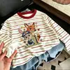 Camiseta de manga larga a rayas de retazos de algodón puro para niños, nuevo estilo primavera y otoño, camiseta básica elegante y holgada para niños