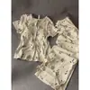 Conjunto de Pijama Feminino Estilo Coreano com Estampa Floral Fresca de Manga Curta e Bojos no Peito, Nova Chegada de Verão, Conjunto de Roupa de Casa Macio e Simples com Calça Longa