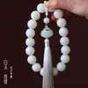 Pulsera de Bodhi Tara de Jade Blanco con Cuentas Redondas de Alto Pulido, Cuentas de Meditación, Colgante de Borla, para Sostener en la Mano para Hombres y Mujeres, Suministro para Transmisión en Vivo