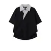 Camisa Polo Masculina Casual de Manga Curta com Bloqueio de Cores e Listras, Design Falso de Duas Peças, Gola V de Verão