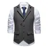Chaleco Blazer Tweed Espiga Raya Vertical Retro Británico 2026 Hombre Corte Delgado Banquete Ropa de Trabajo Chaleco Prendas de Abrigo