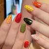 Unhas postiça com bolinhas arco-íris e amêndoa, manicure retrô americana, adesivos de unhas postiças removíveis com bolinhas multicoloridas