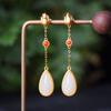 Pendientes Retro Blancos de Plata de Ley Hotan Natural Oro Antiguo Gota de Agua Loto Longitud Media para Mujer Loto Rojo del Sur