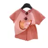 Conjunto de Duas Peças de Camiseta de Manga Curta Respirável 100% Algodão e Shorts de Verão para Crianças, Top Casual Soltinho com Desenho para Meninos e Meninas