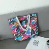 Bolsa de lona impressa frente e verso feminina casual grande capacidade bolsa de ombro com corda grossa viagem viagem Praia bolsa grande