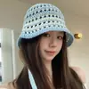Sombrero de Pescador Tejido Azul y Blanco Estilo Coreano para Mujer, Sombrero de Sol Transpirable Calado de Verano, Sombrero Tipo Cubo Dulce y de Alta Gama