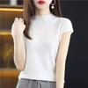 Camiseta de Tricô de Seda de Gelo de Verão Fina com Manga Curta Feminina Gola Alta Meio Elegante Solta Curta Moda Básica Manga Curta Top