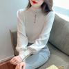 Suéter distintivo de cuello medio alto para mujer, suéter de punto de manga farol para mujer, nuevo otoño e invierno 2023, estilo coreano, corte ajustado, top camiseta básica