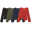 Camisa de Manga Larga Diagonal Asimétrica con Corbata para Mujer, Cuello en V, Ceñida a la Cintura, Diseño de Tirantes de Corbata, Múltiples Colores en Stock