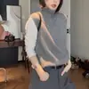 Colete de Tricô Feminino Elegante Outono/Inverno Cor Sólida 100% Lã Mercerizada Gola Alta Meio Zíper Sem Mangas