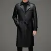 Abrigo de Cuero para Hombre de Otoño e Invierno, Estilo Coreano, Corte Ajustado, Longitud Extendida, Por Encima de la Rodilla, Doble Botonadura, Cuello de Solapa, con Cinturón, Gabardina de Cuero para Hombre