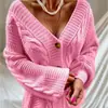 Outono e Inverno Novo Exportação Transfronteiriça Europeia e Americana Gola V Manga Lanterna Cardigan de Tricô Jaqueta Suéter Solta Feminina Design de Colagem