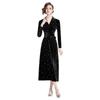 Vestido Veludo Preto Dourado Feminino 2024 Outono e Inverno Novo Francês Cintura Alta Moda High-end Elegante Manga Longa Saia Base