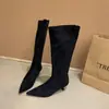 Botas Largas Sencillas, Debajo de la Rodilla, Botas Elásticas, Botas Ajustadas de Gamuza, Cierre Trasero, Punta Fina, Botas de Montar de Tacón Alto