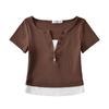 Camiseta de manga corta de dos piezas con botones falsos y diseño de estilo europeo y americano para mujer, top corto ajustado de verano para chica sexy.