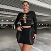 Novo Conjunto de Duas Peças de Tricô Vazado Pérola Negra com Saia Bodycon para Mulheres, Top de Manga Longa Estilo Europeu e Americano, Conjunto Hot Girl de Caimento Justo