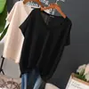 Verano Nuevo Gordo mm 1.0-150 kg Talla Extra Grande Holgada Delgada Cuello en V Manga Corta Camiseta para Mujer Seda de Hielo Versátil Top de Moda