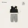 Ropa para Niños Bangxuan Conjunto de Primavera Chal de Color Sólido Camiseta de Cuello Redondo Pantalones Jogger Rayados Conjunto de Dos Piezas para Niños Traje Infantil