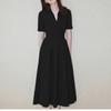 En Stock Venta al por mayor Directo de Fábrica Vestido Nuevo de Color Sólido, Nuevo de Primavera Negro Estilo Francés Vintage Elegante Vestido Largo para Mujer