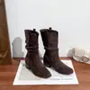 Botas Western Apiladas Nuevas Otoño/Invierno 2026 para Mujer Venta Directa de Fábrica Botas de Gamuza Arrugadas de Media Caña Botas Retro con Tacón Grueso para Mujer
